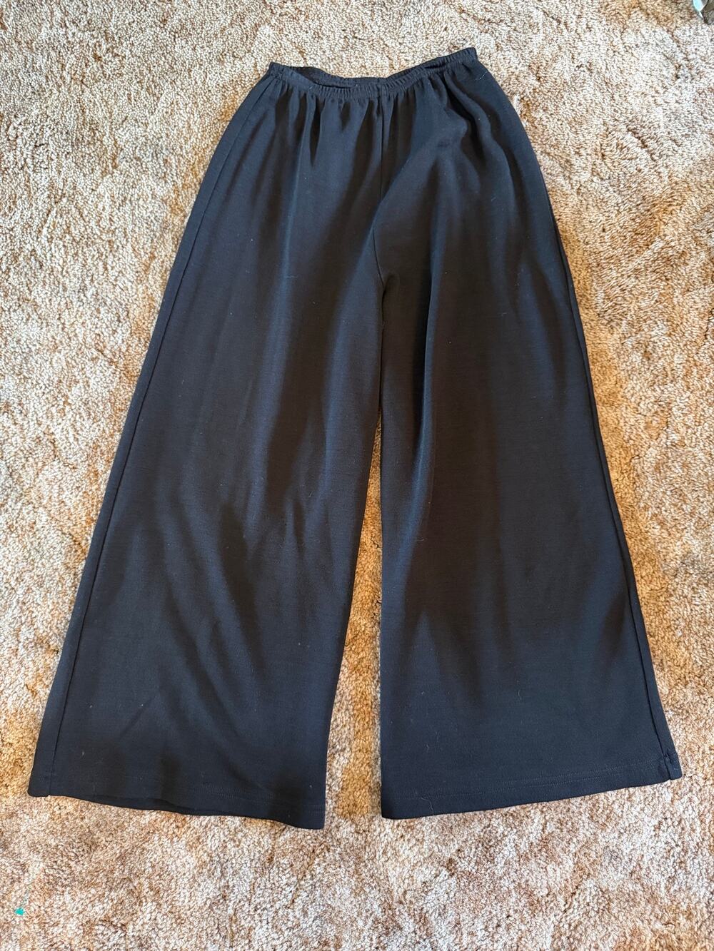Bryn Walker Black Stretch Wool Wide Leg Palazzo Crop Pants Lagenlook Minimalist